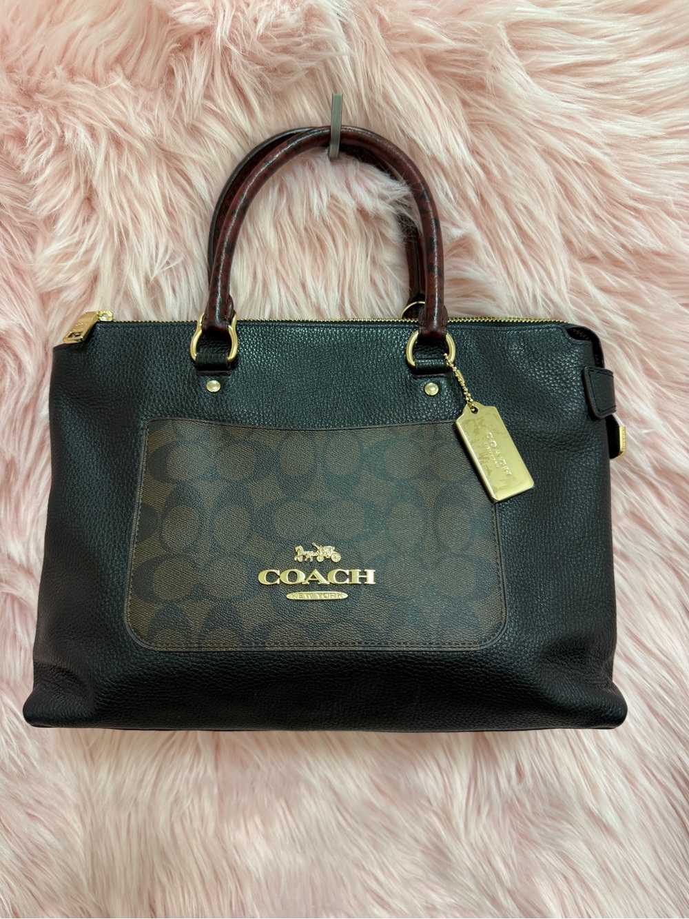 Coach Black Leather Satchel with Brown Signature Pocket
